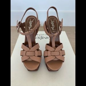 YSL YVES SAINT LAURENT Tribute Platform Nude Leather Sandal Heels 5.5